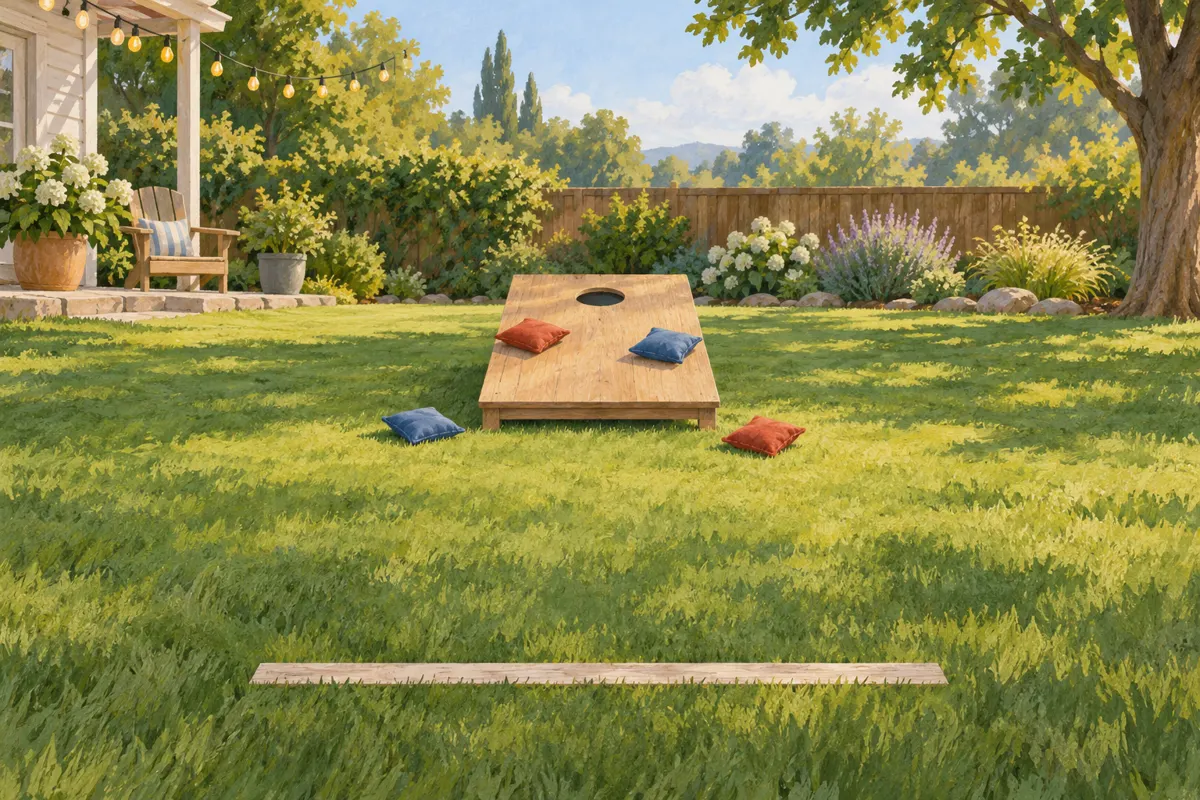 Illustration of a backyard beanbag toss board, four bags, and a marked throwing line.