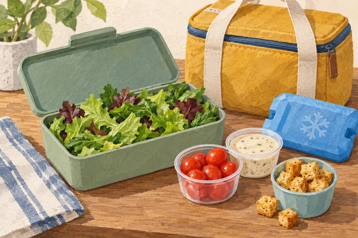 Illustration of salad greens packed separately from tomatoes, dressing and croutons beside an ice pack.