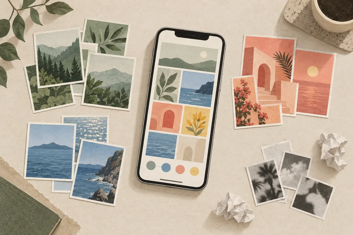 Illustration of phone screenshot thumbnails organized into three groups.