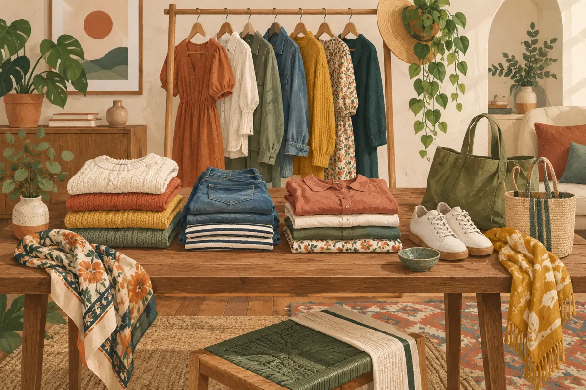 Illustration of clothes and accessories arranged for a small clothing swap at home.