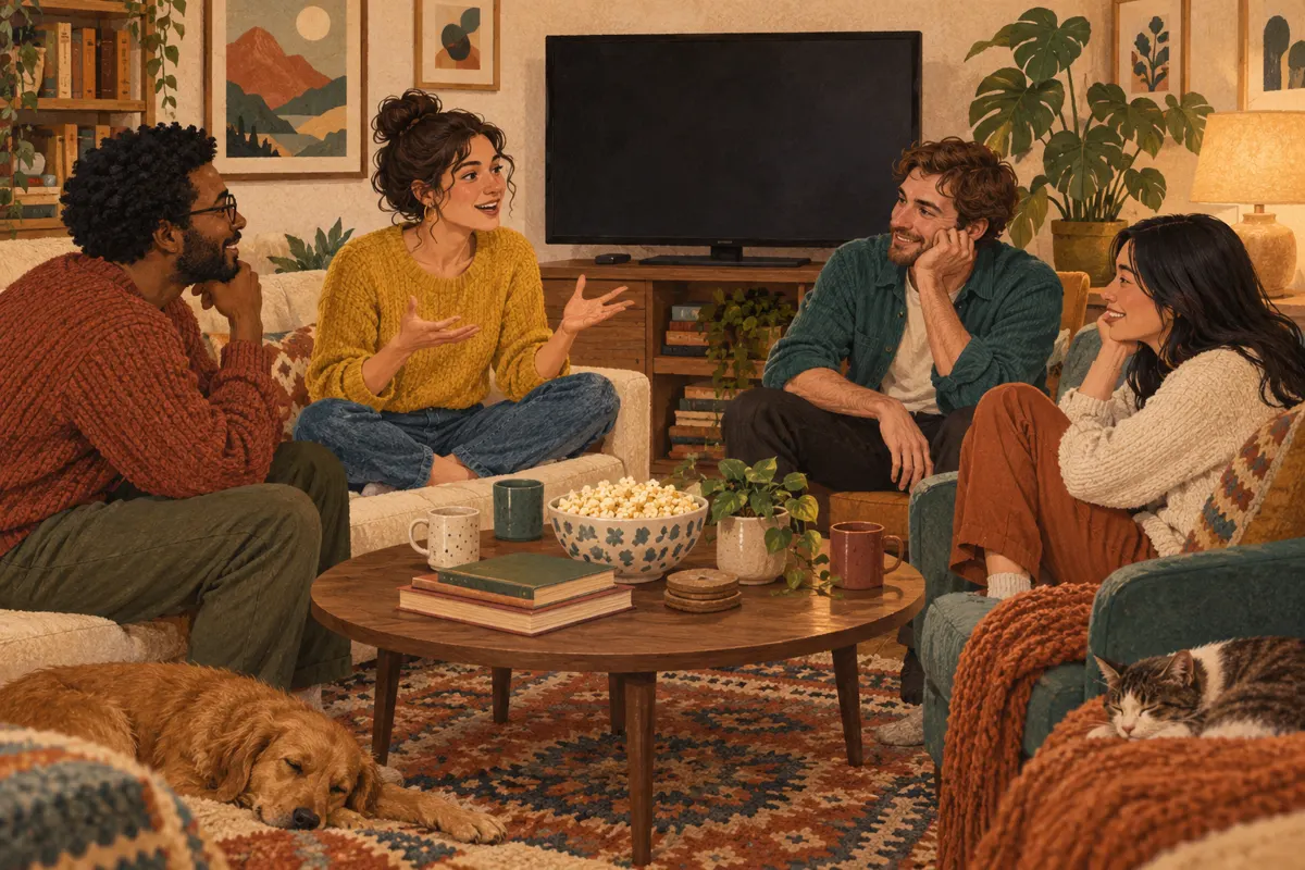 Illustration of friends discussing a film around a coffee table.