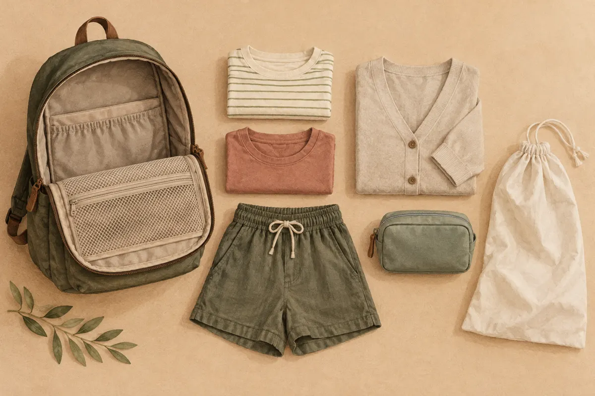 Illustration of a compact backpack and a small clothing and toiletries selection for a warm-weather weekend.